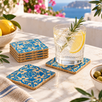 Portuguese Tile cork coaster in a bright Mediterranean cold-drink setting