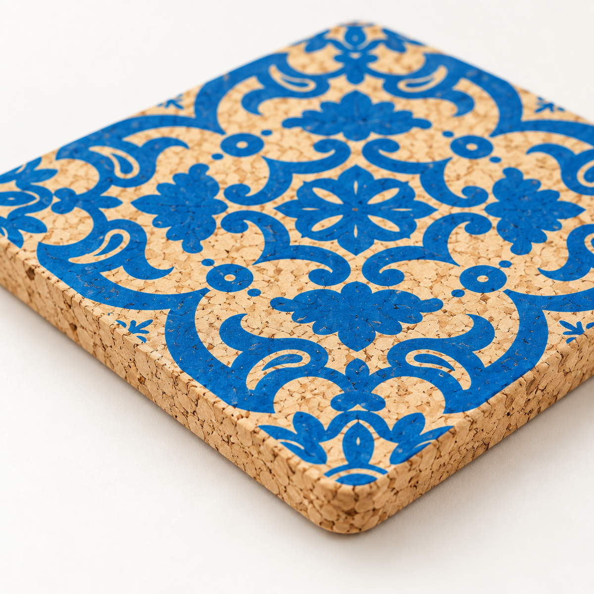 Macro close-up of Portuguese Tile cork coaster texture and 3 mm edge