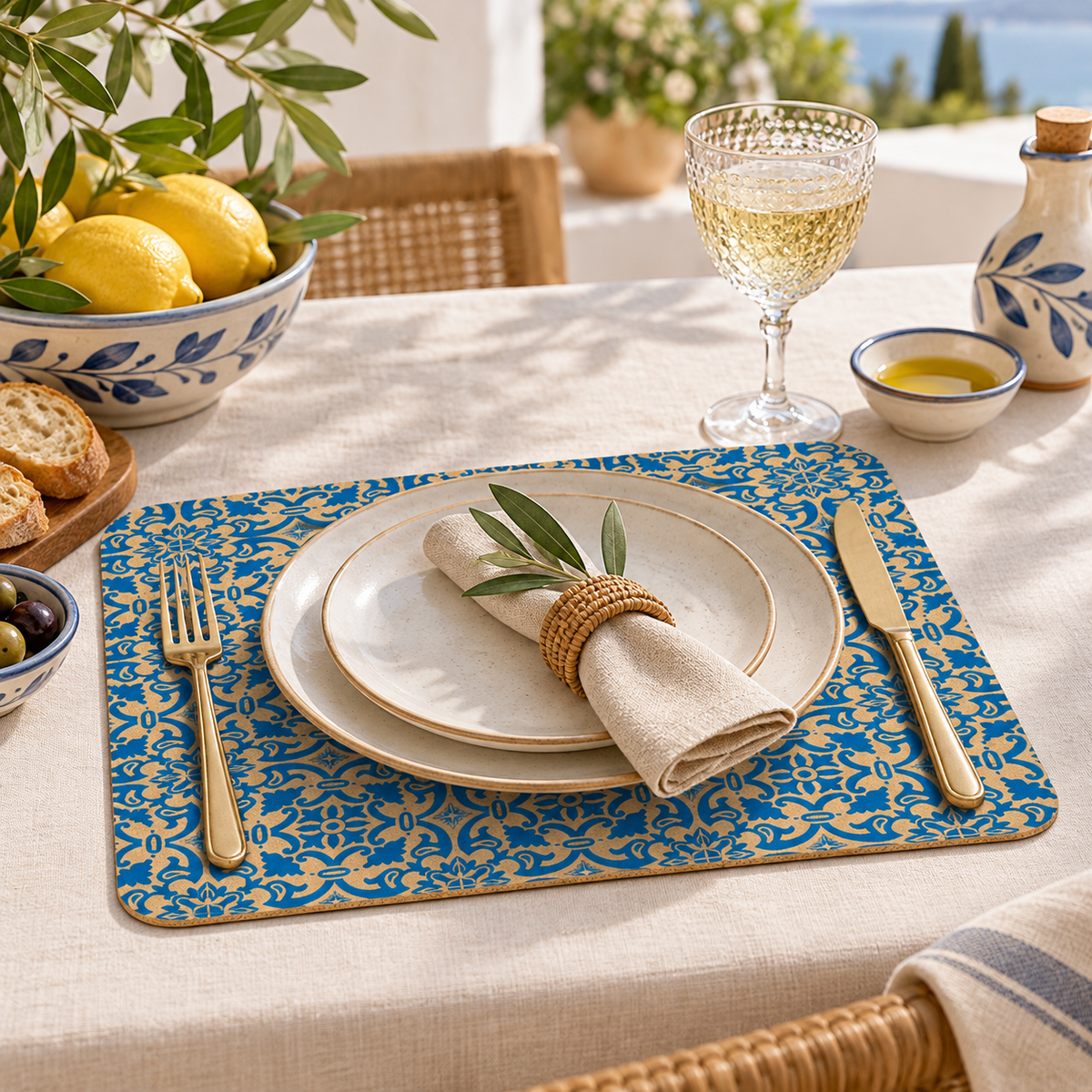 Portuguese Tile cork placemat in a refined Mediterranean dining table setting