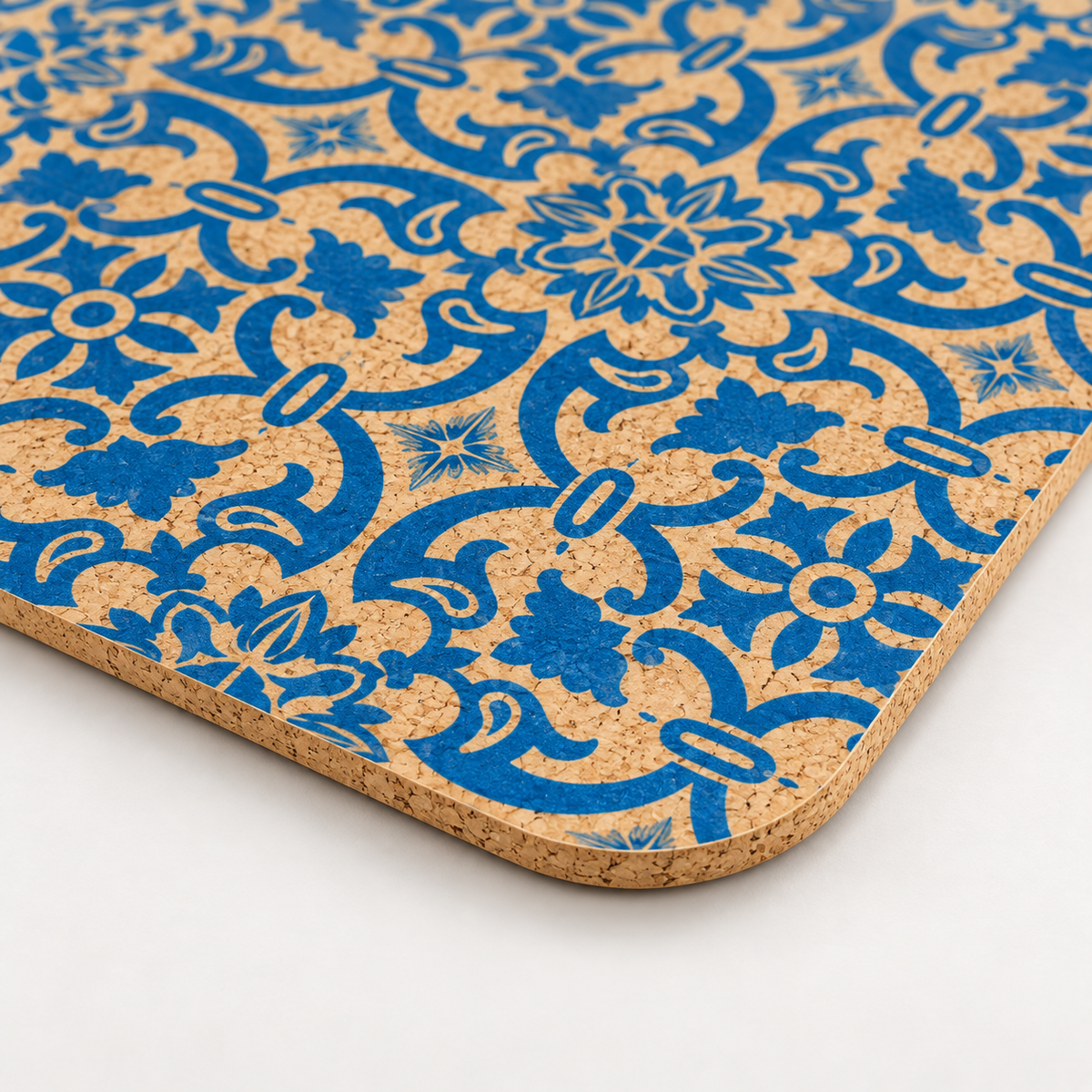 Macro close-up of Portuguese Tile cork placemat surface, rounded corner and thin edge