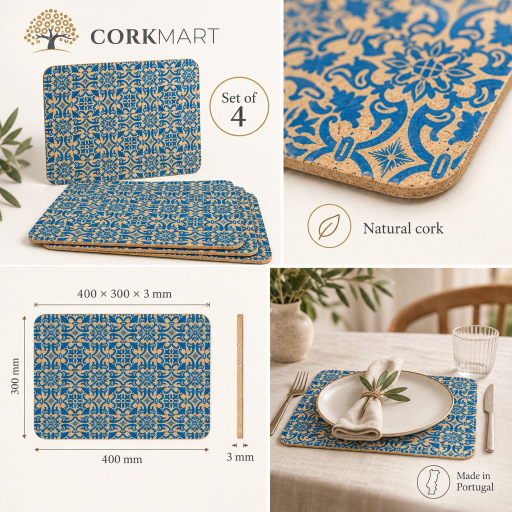 Portuguese Tile cork placemats — set of 4, dimensions, material and lifestyle overview