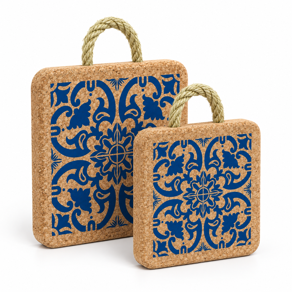 Portuguese Tile Cork Trivet alternate studio angle showing both sizes