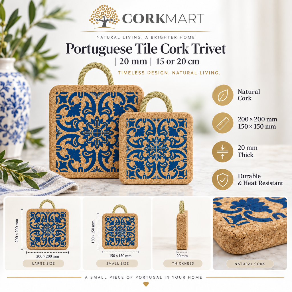 Portuguese Tile Cork Trivet product collage with official CorkMart logo, sizes and 20 mm thickness
