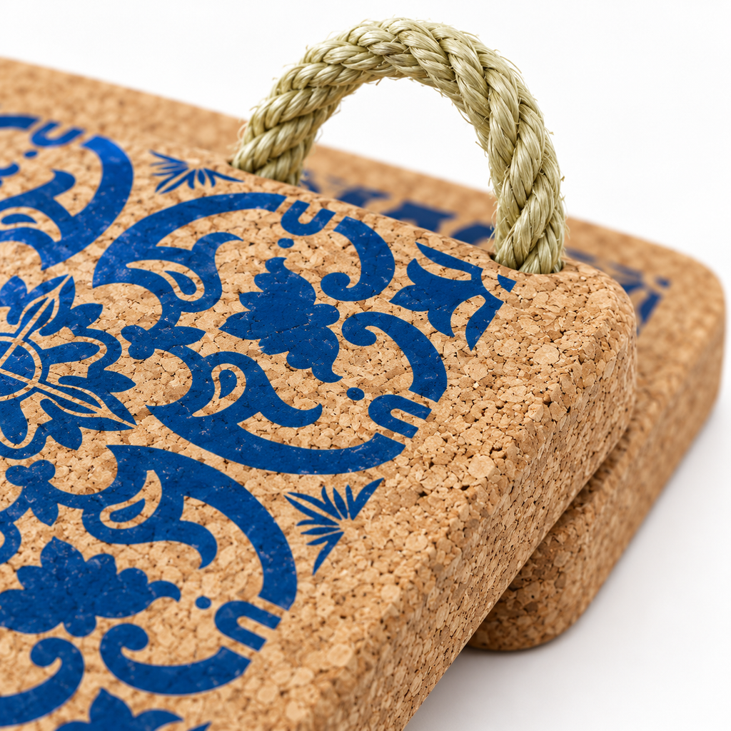 Close-up of Portuguese Tile Cork Trivet natural cork texture, blue print and rope handle