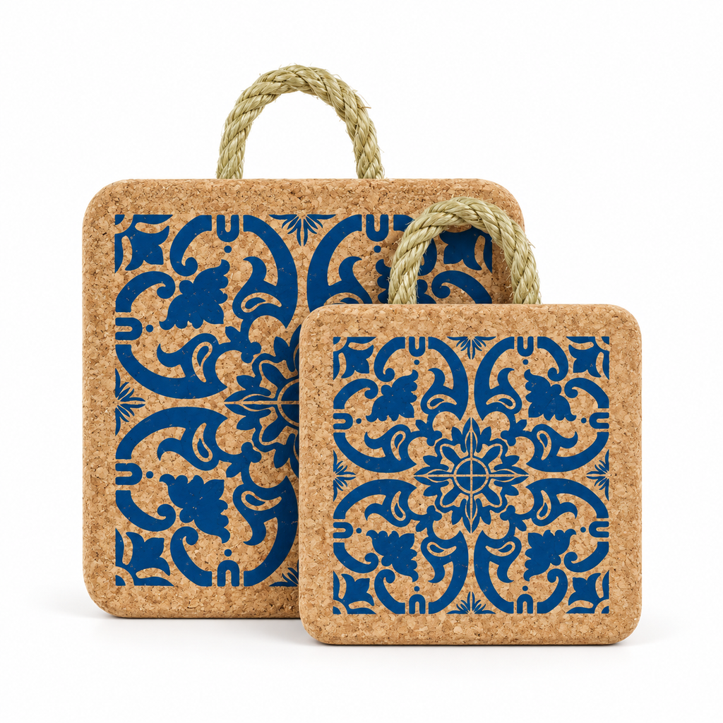 Portuguese Tile Cork Trivet in 15 cm and 20 cm sizes on white background