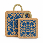 Portuguese Tile Cork Trivet in 15 cm and 20 cm sizes on white background