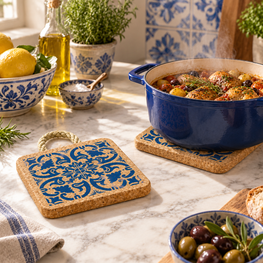 Portuguese Tile Cork Trivet supporting hot cookware in a Mediterranean kitchen