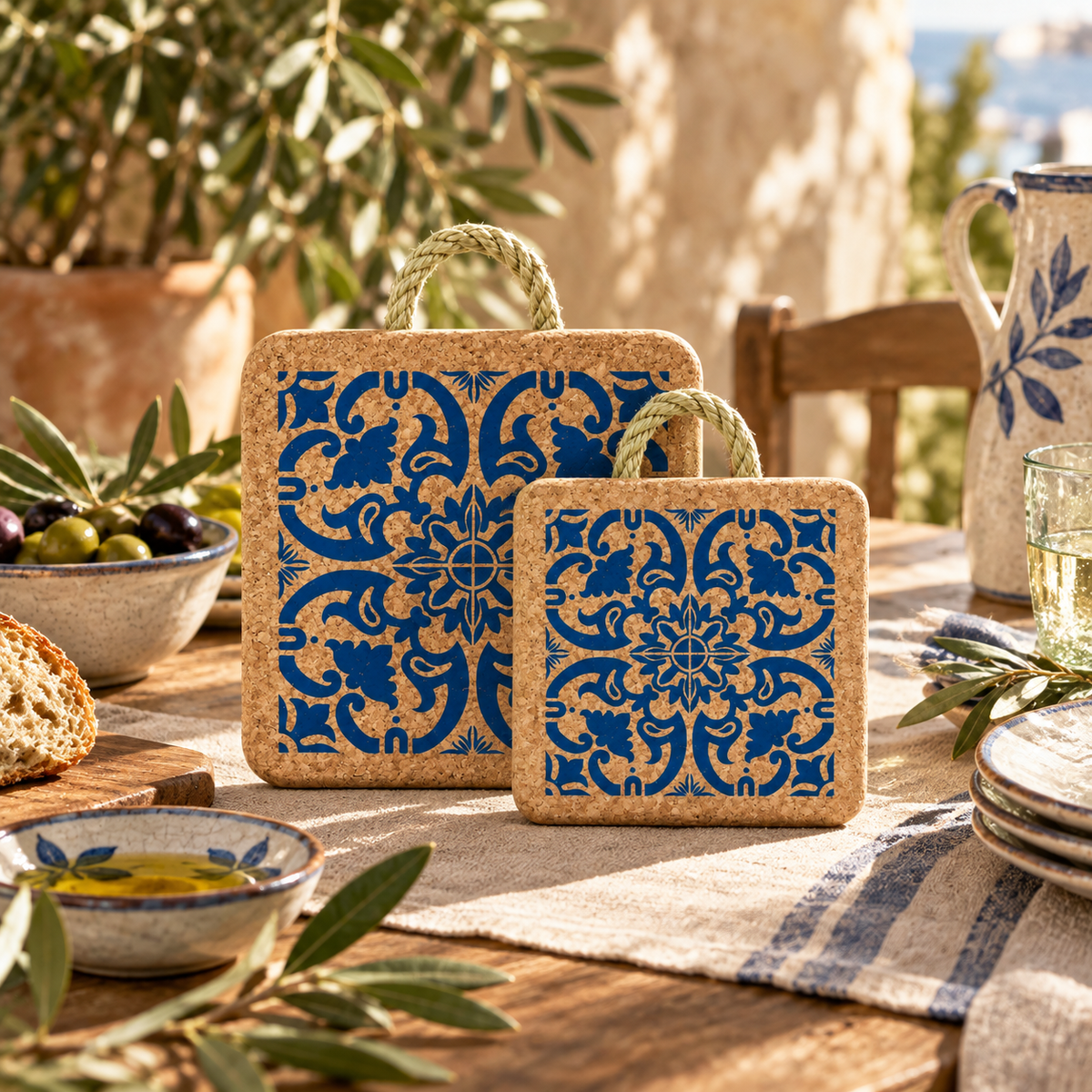Portuguese Tile Cork Trivet in a warm Mediterranean table setting