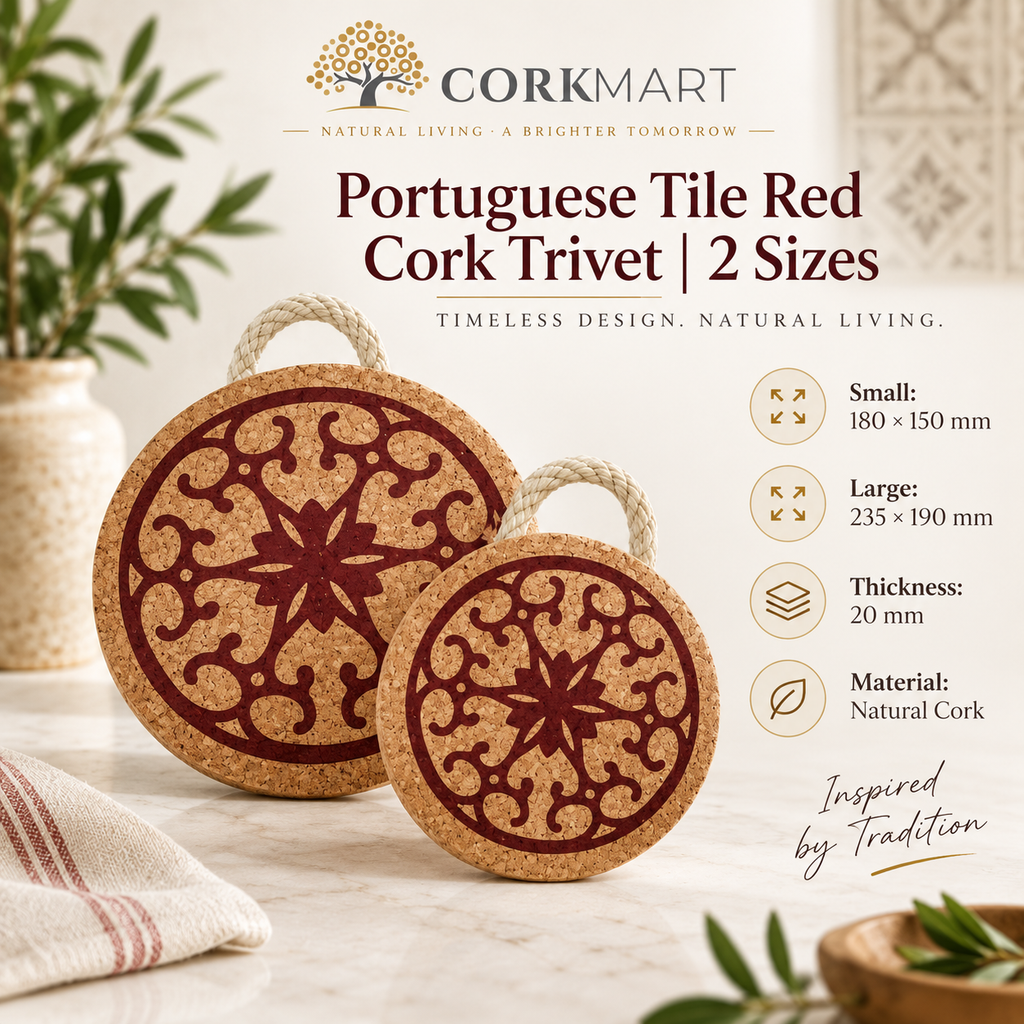 Portuguese Tile Red Cork Trivet product collage with official CorkMart logo, sizes and 20 mm thickness