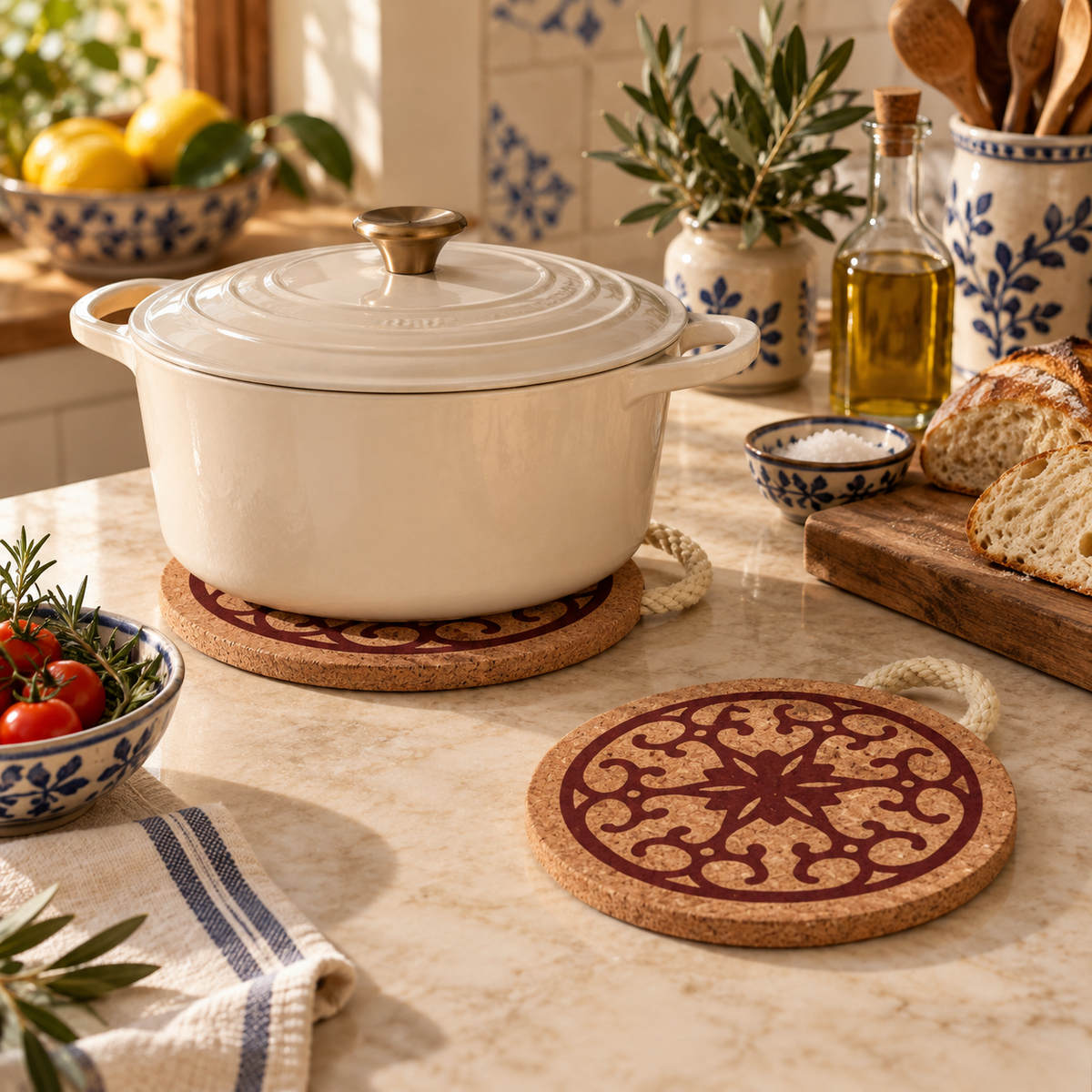 Portuguese Tile Red Cork Trivet supporting hot cookware in a Mediterranean kitchen