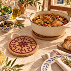 Portuguese Tile Red Cork Trivet in a warm Mediterranean table setting
