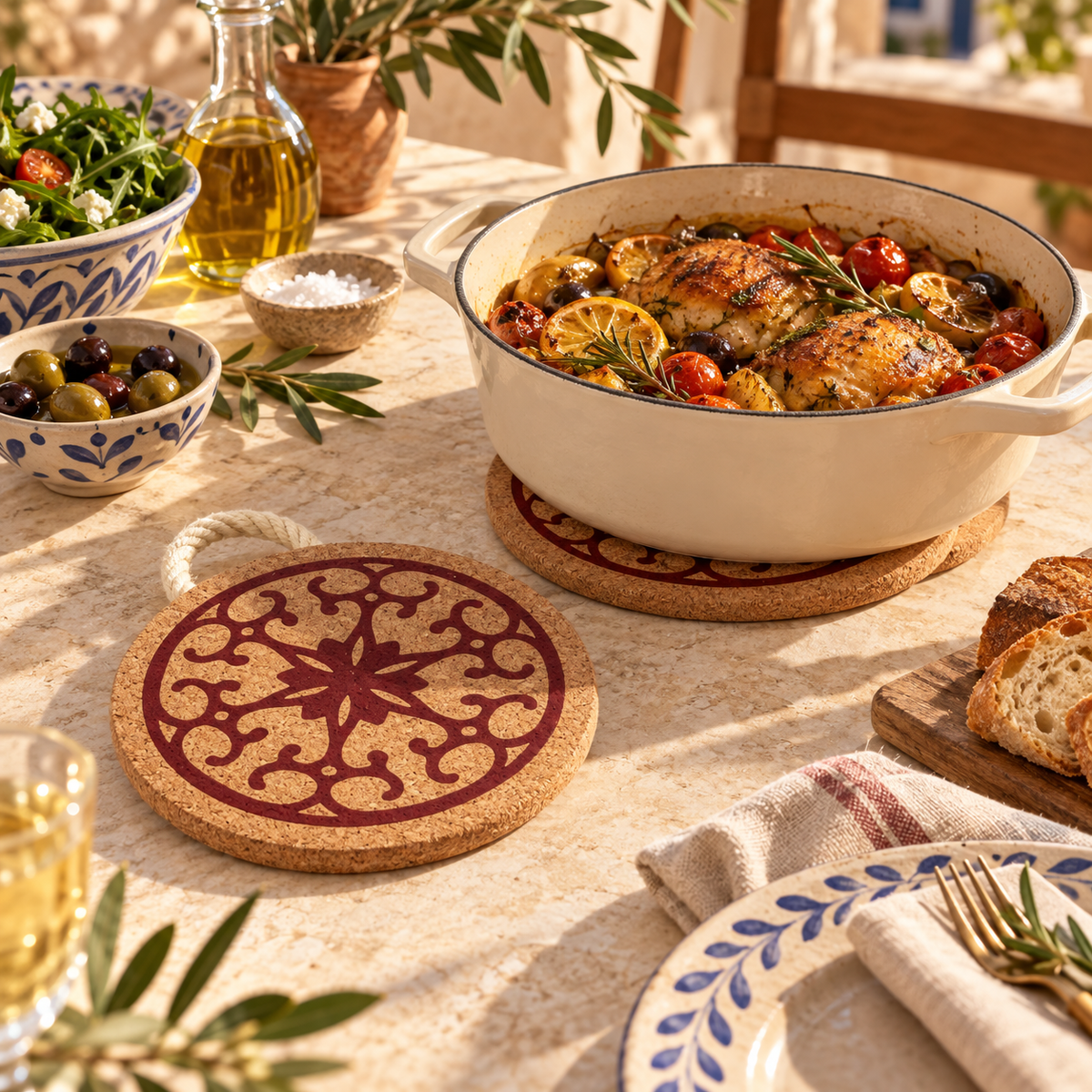 Portuguese Tile Red Cork Trivet in a warm Mediterranean table setting