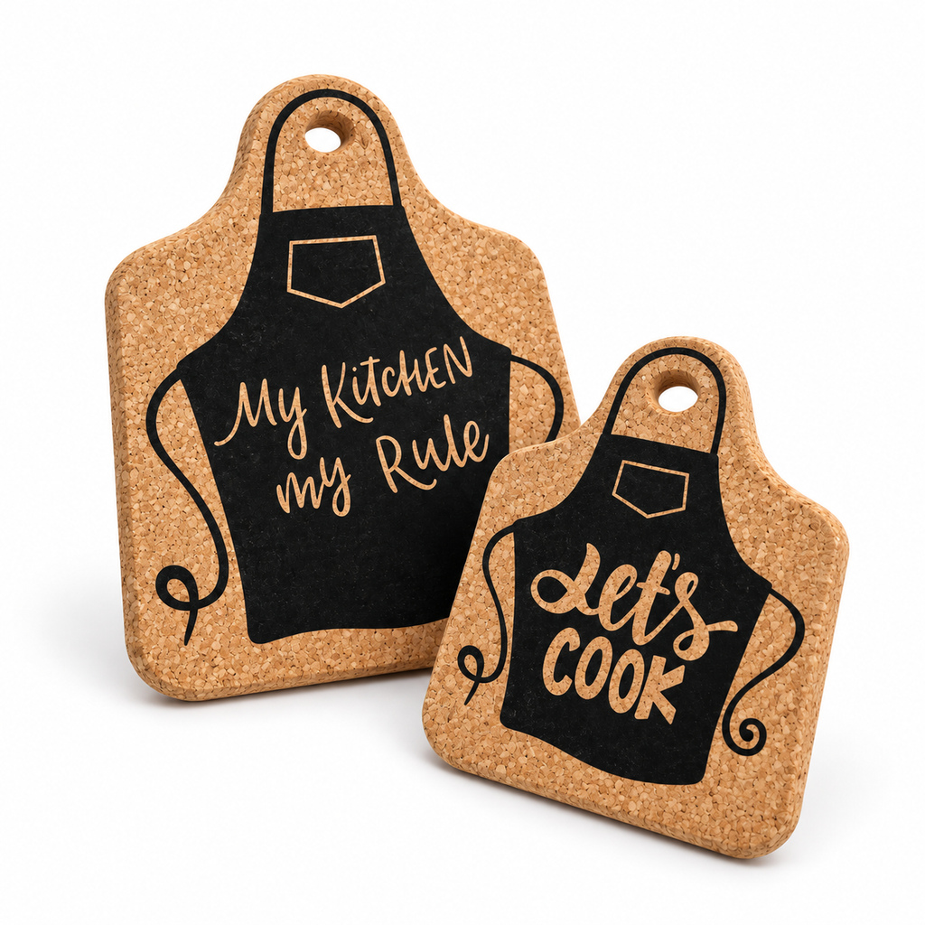 Printed Cork Apron Trivet alternate studio angle