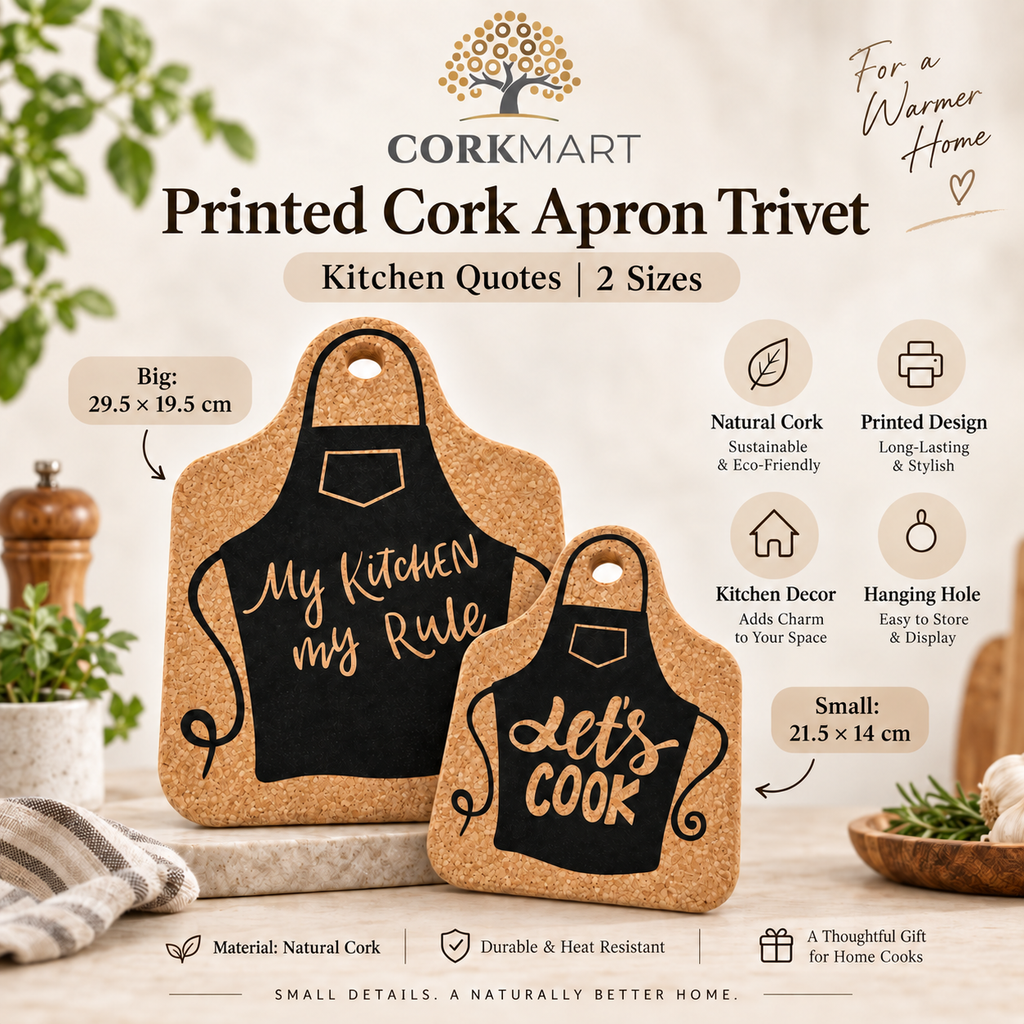 Printed Cork Apron Trivet product collage with CorkMart logo and sizes