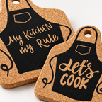 Close-up of printed cork apron trivets and natural cork texture