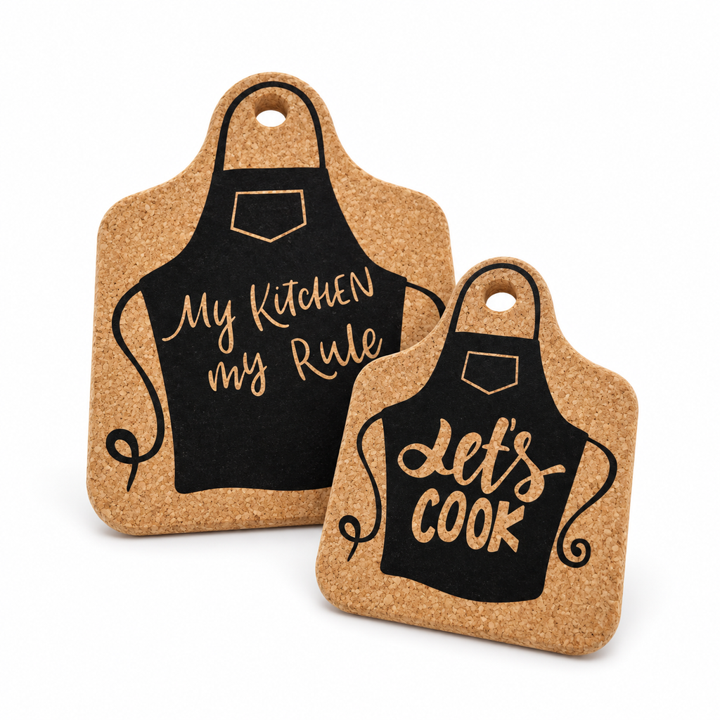 Printed Cork Apron Trivet in two sizes on white background