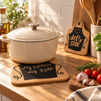 Printed Cork Apron Trivet supporting hot cookware in a kitchen