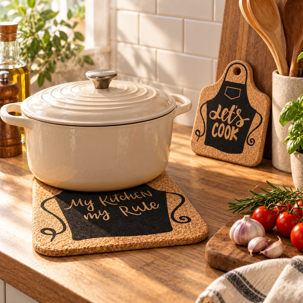 Printed Cork Apron Trivet supporting hot cookware in a kitchen