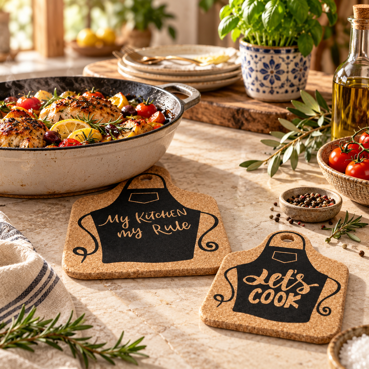 Printed Cork Apron Trivets in a warm kitchen lifestyle setting