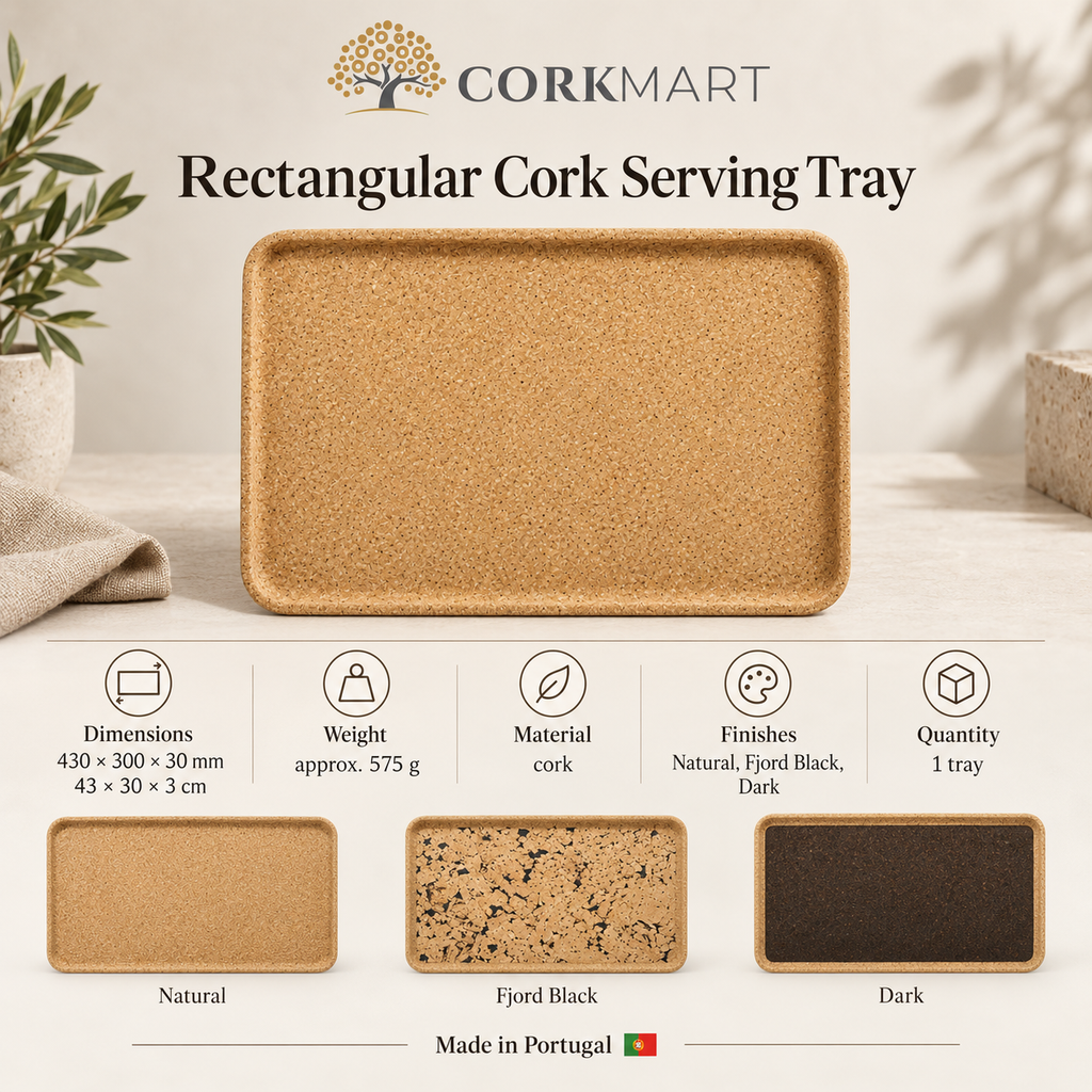 Rectangular cork serving tray infographic with dimensions, weight, finishes and Made in Portugal