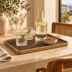 Rectangular cork serving tray in a warm Mediterranean lifestyle setting