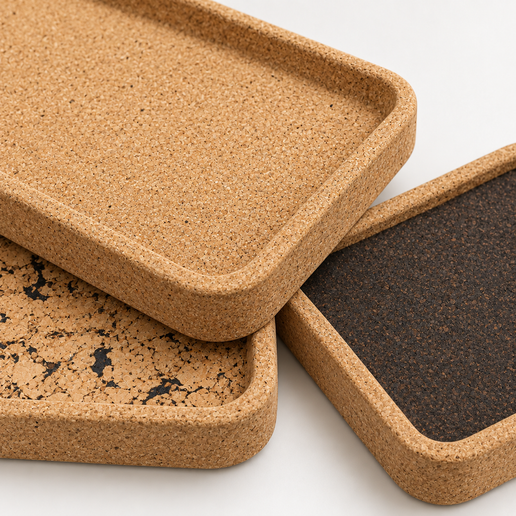 Macro detail of rectangular cork serving tray texture, raised rim and rounded edge