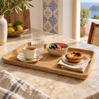 Rectangular natural cork serving tray used for a Portuguese breakfast setting