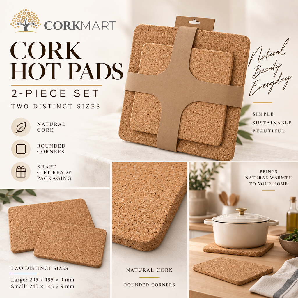 Rectangular cork trivet set of 2 editorial collage with official CorkMart logo, 24 × 14.5 cm and 29.5 × 19.5 cm, 9 mm thick
