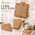 Rectangular cork trivet set of 2 editorial collage with official CorkMart logo, 24 × 14.5 cm and 29.5 × 19.5 cm, 9 mm thick
