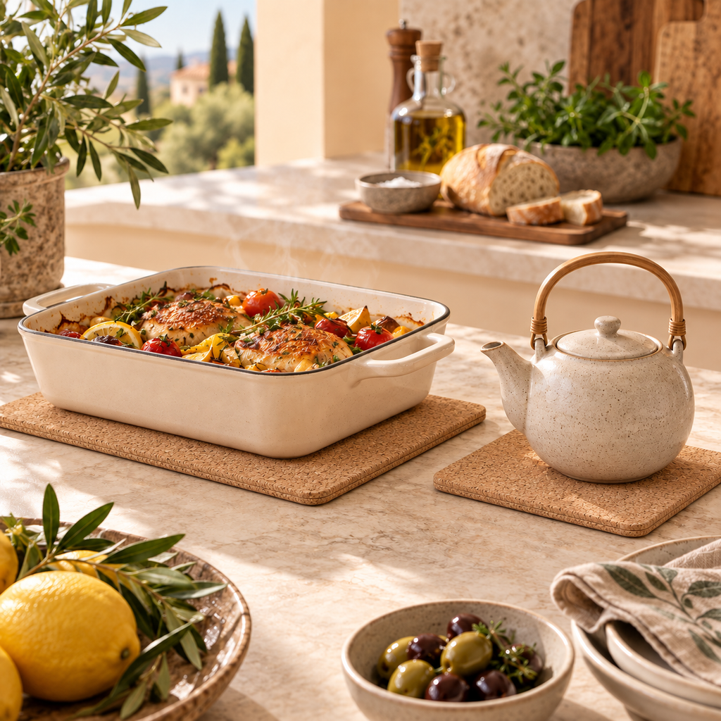 Rectangular cork trivet set of 2 in a bright Mediterranean kitchen with a hot serving dish