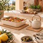 Rectangular cork trivet set of 2 in a bright Mediterranean kitchen with a hot serving dish