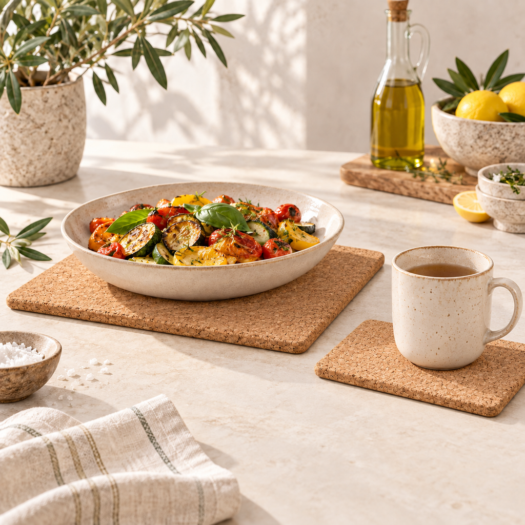 Two rectangular cork trivets of distinct sizes in a warm Mediterranean table setting