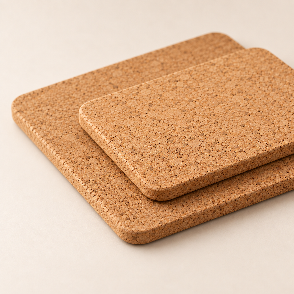 Macro close-up of the two rectangular natural cork trivets with rounded corners and 9 mm profile