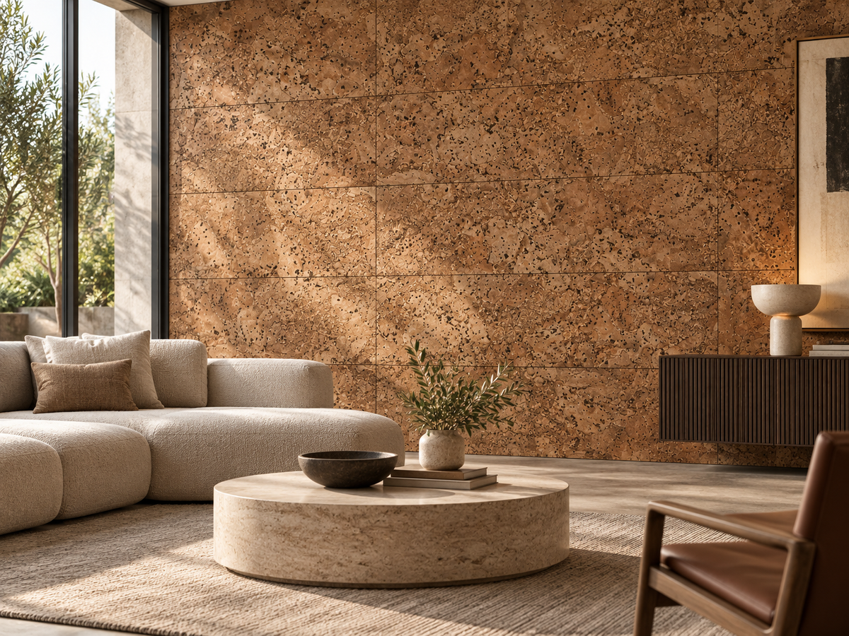 River cork wall tile in a premium architectural interior