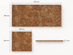 River cork wall tile technical dimensions, 600 × 300 mm and 300 × 300 mm, 3 mm thick