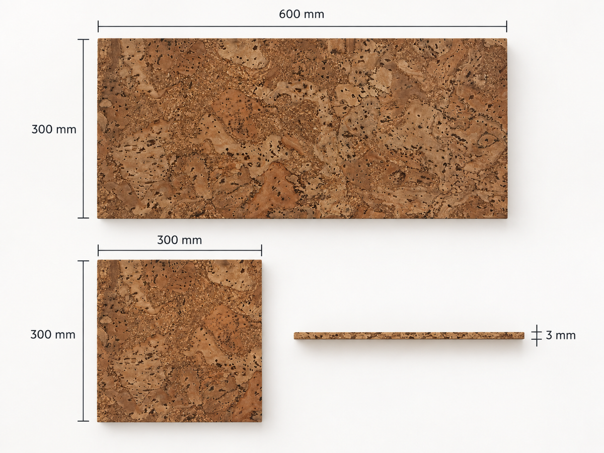 River cork wall tile technical dimensions, 600 × 300 mm and 300 × 300 mm, 3 mm thick