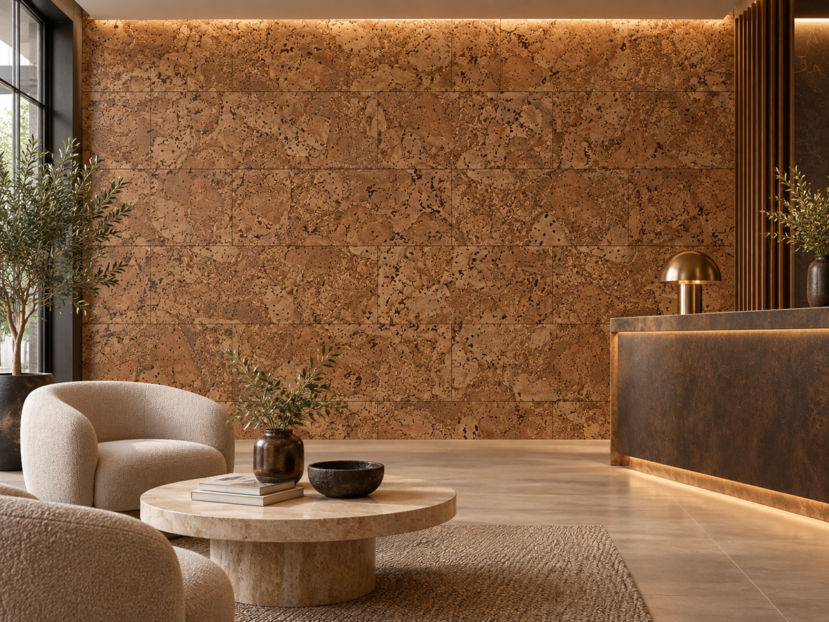 River cork wall tile in a refined hospitality reception interior