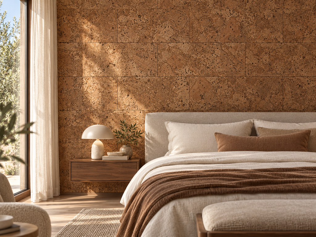 River cork wall tile in a premium residential bedroom