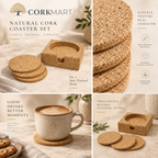 Round cork coaster and bottle holder editorial collage with official CorkMart branding