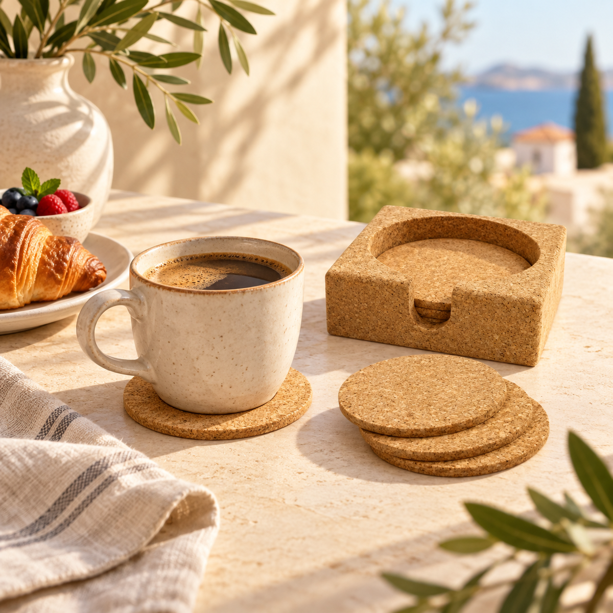 Round cork coaster and bottle holder set in a bright Mediterranean coffee setting