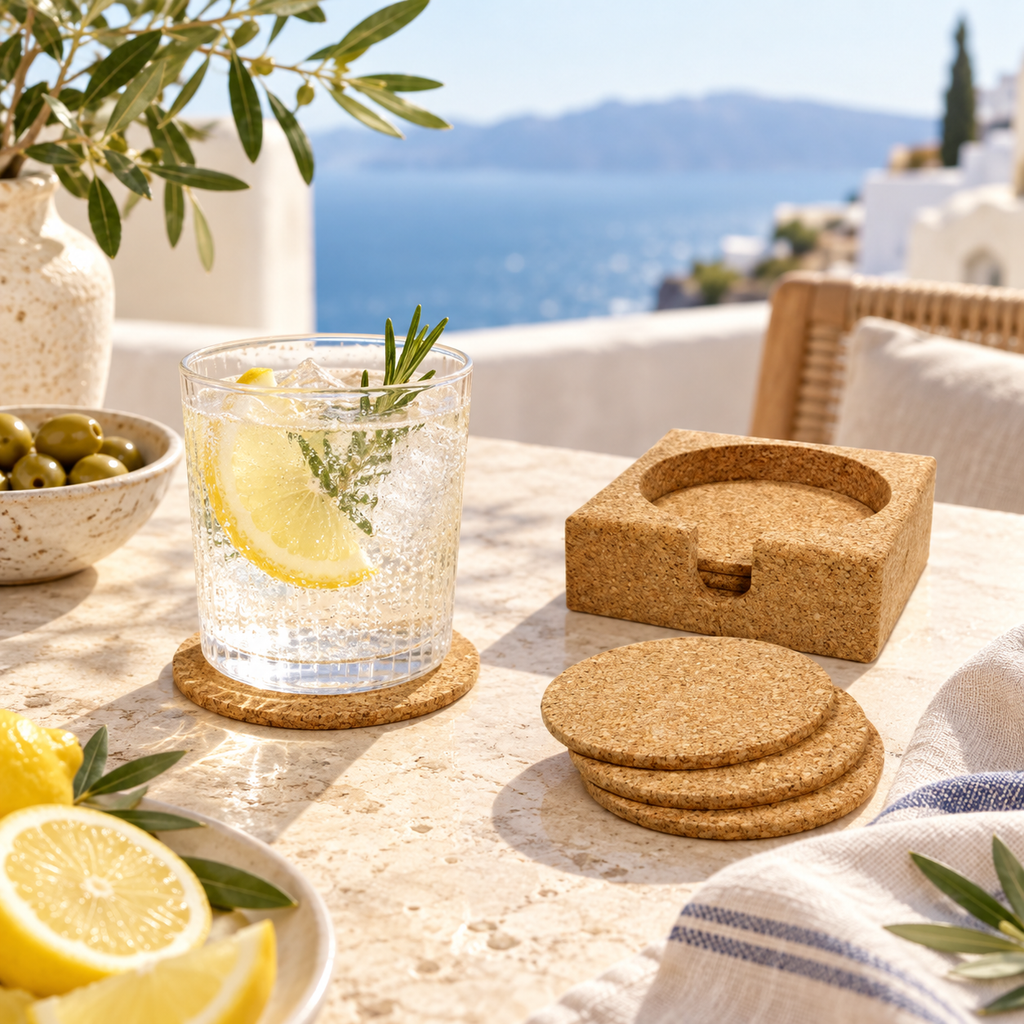 Round cork coaster and bottle holder set in a bright Mediterranean cold-drink setting