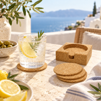 Round cork coaster and bottle holder set in a bright Mediterranean cold-drink setting
