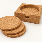 Close-up of round natural cork coasters and matching holder