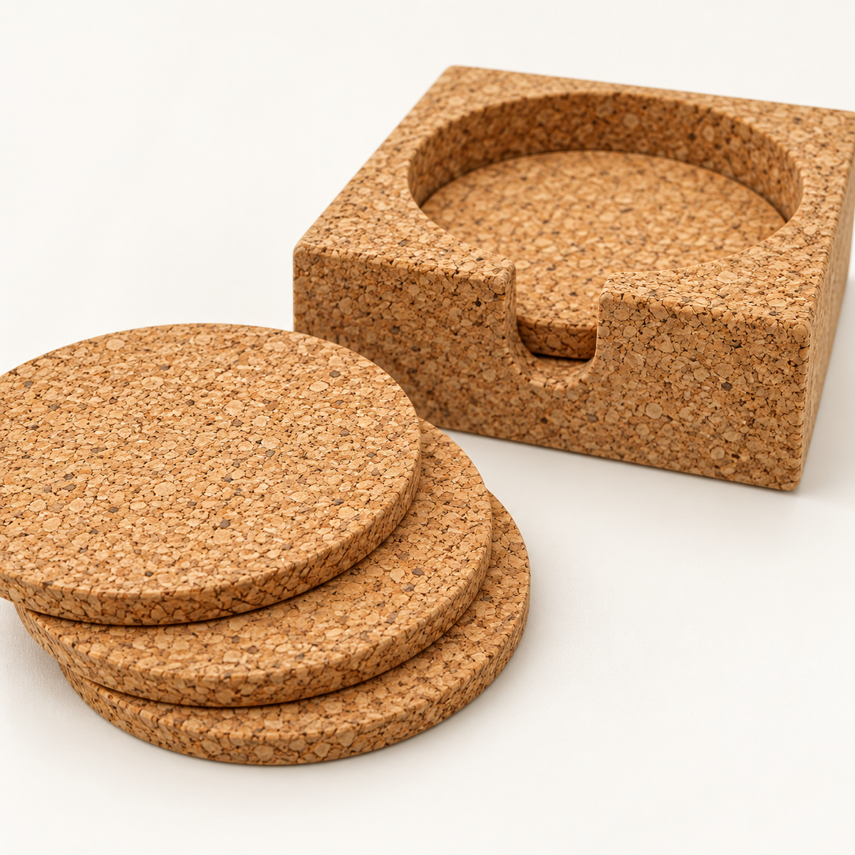 Close-up of round natural cork coasters and matching holder