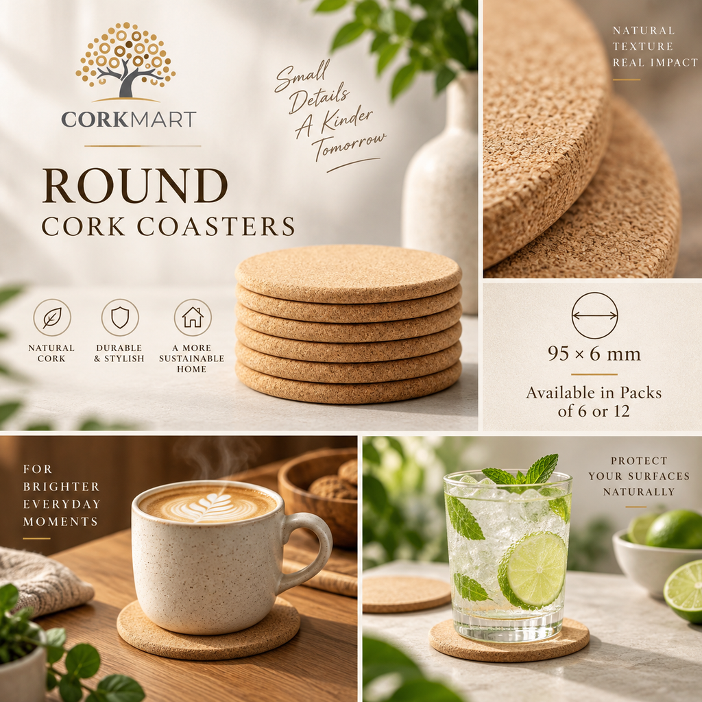 Round cork coasters editorial collage with CorkMart branding, 95 × 6 mm, packs of 6 or 12