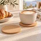 Round cork coaster in a bright coffee table setting