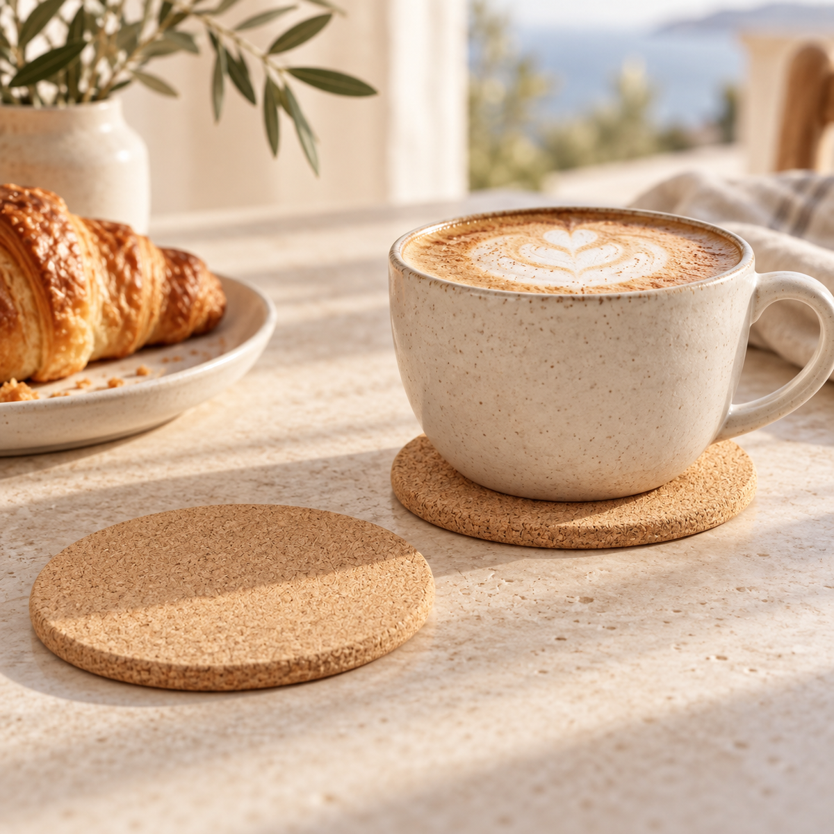 Round cork coaster in a bright coffee table setting