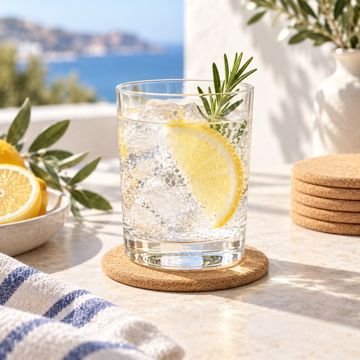 Round cork coaster in a bright cold-drink table setting