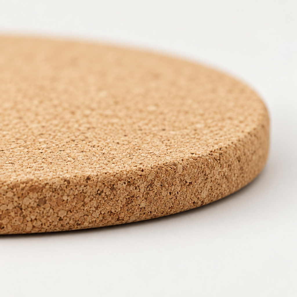 Macro close-up of round cork coaster surface and 6 mm edge