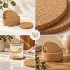 Round cork coasters and bottle holder editorial collage with CorkMart branding